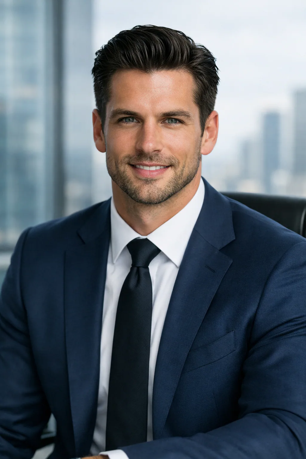 Professional LinkedIn headshot of a confident businessman in a navy suit sitting in a modern office with a blurred city skyline background and clean corporate lighting.