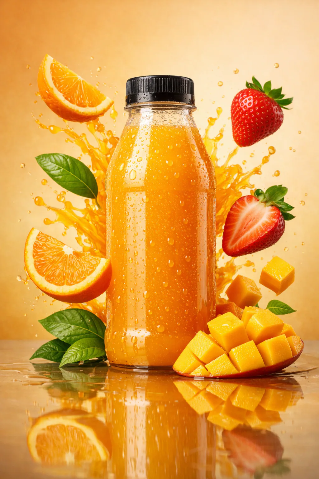 Ultra-realistic commercial product photography of a premium fruit juice bottle surrounded by fresh fruit slices, juice splashes, and cinematic studio lighting with reflective surfaces.