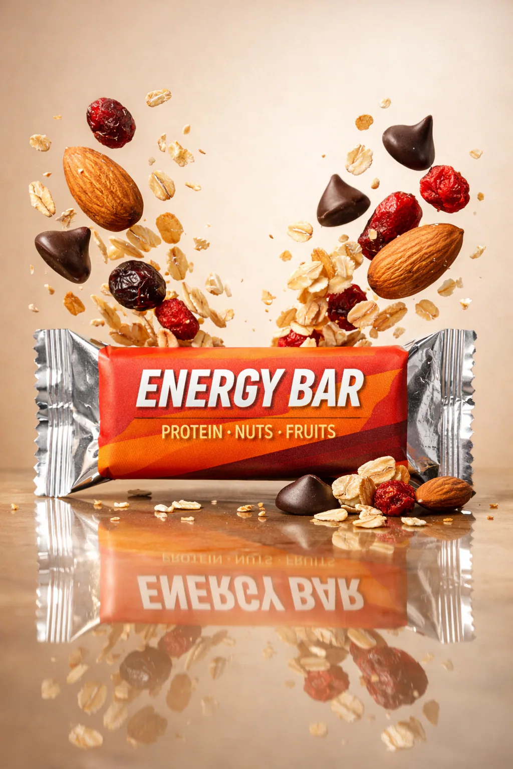 Ultra-realistic commercial product photography of a modern energy snack bar with floating almonds, oats, chocolate chips, and cinematic studio lighting on a reflective surface.