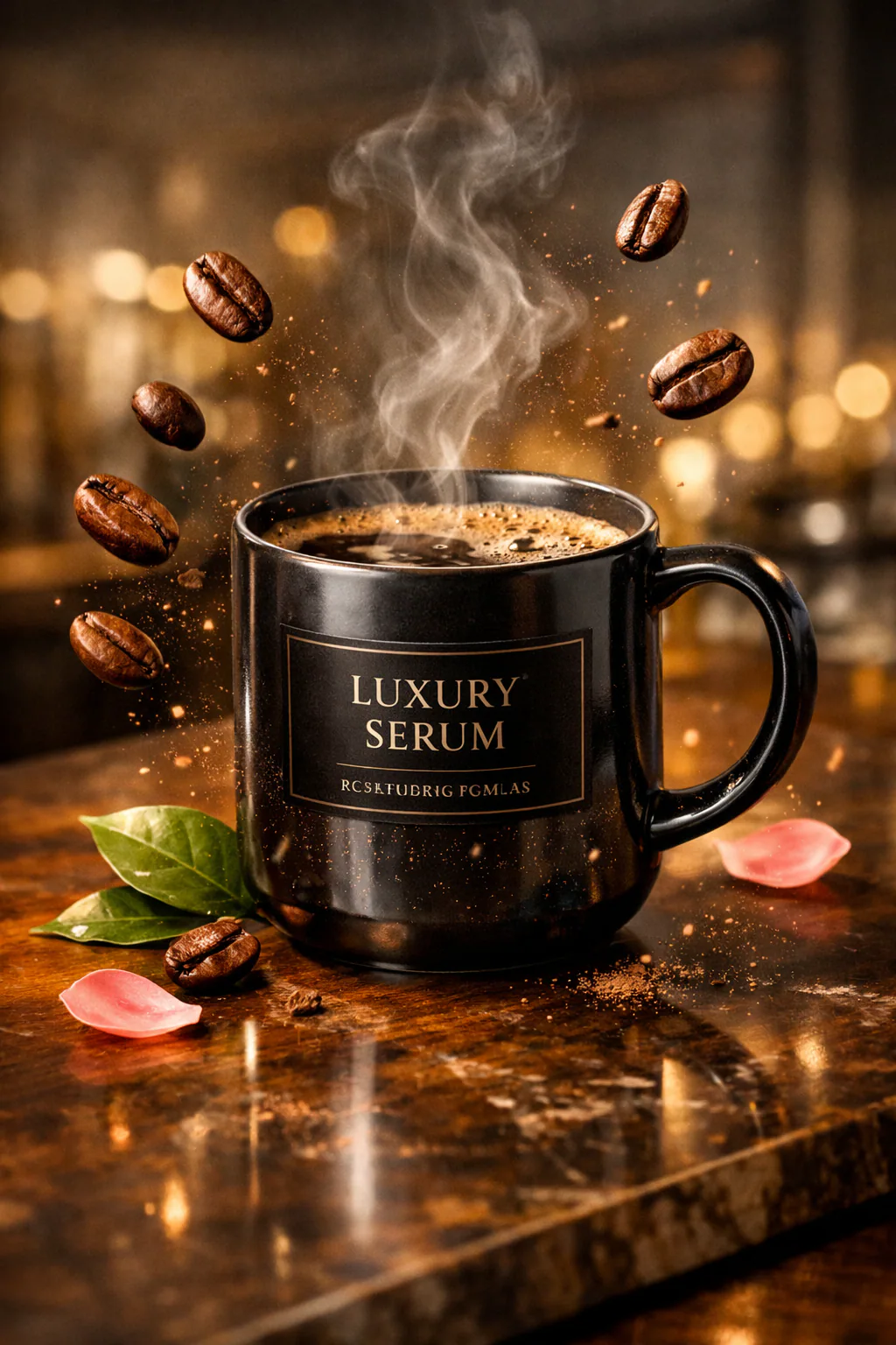 Ultra-realistic commercial photography of a designer coffee mug with steaming fresh coffee, floating coffee beans, and cinematic café lighting on a polished tabletop.