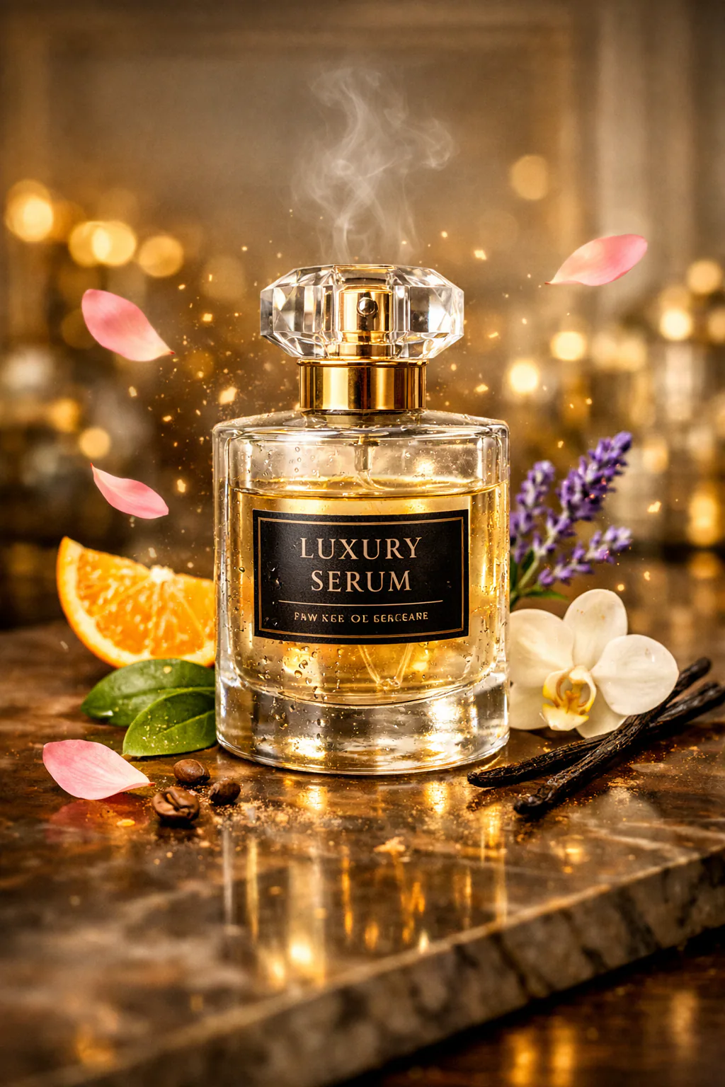 Ultra-realistic commercial photography of a luxury perfume bottle with crystal-clear glass, floating flower petals, and cinematic lighting on a reflective marble surface.