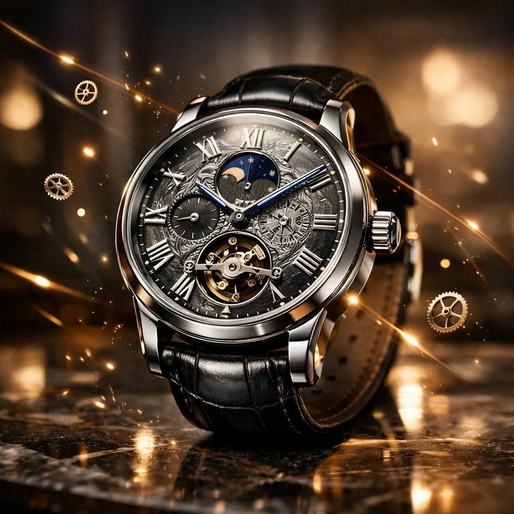 Ultra-realistic commercial photography of a luxury wristwatch with metallic details, sapphire crystal reflections, and cinematic lighting on a reflective marble surface.