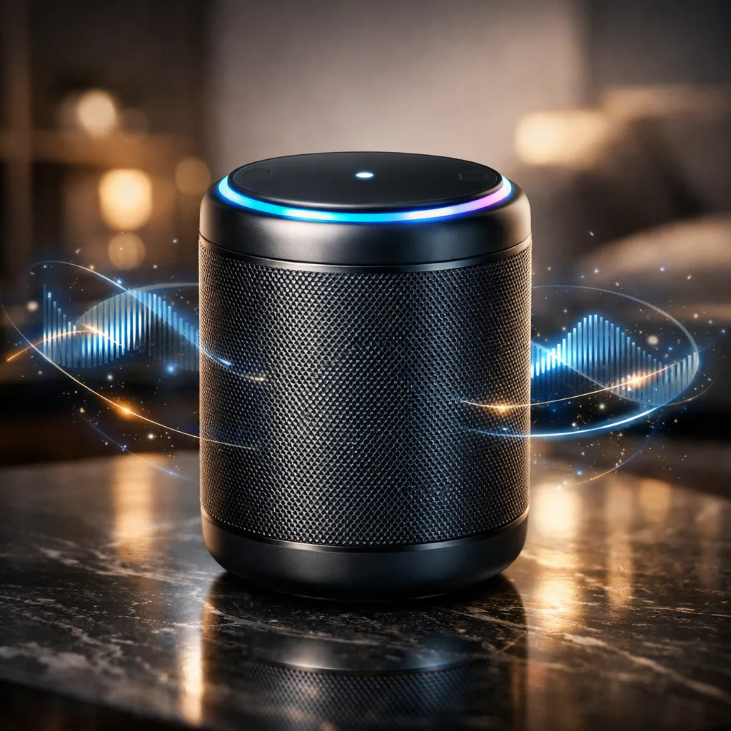 Ultra-realistic 3D render of a premium smart speaker with metallic mesh, glowing LED lights, and holographic sound waves on a reflective surface with cinematic lighting.