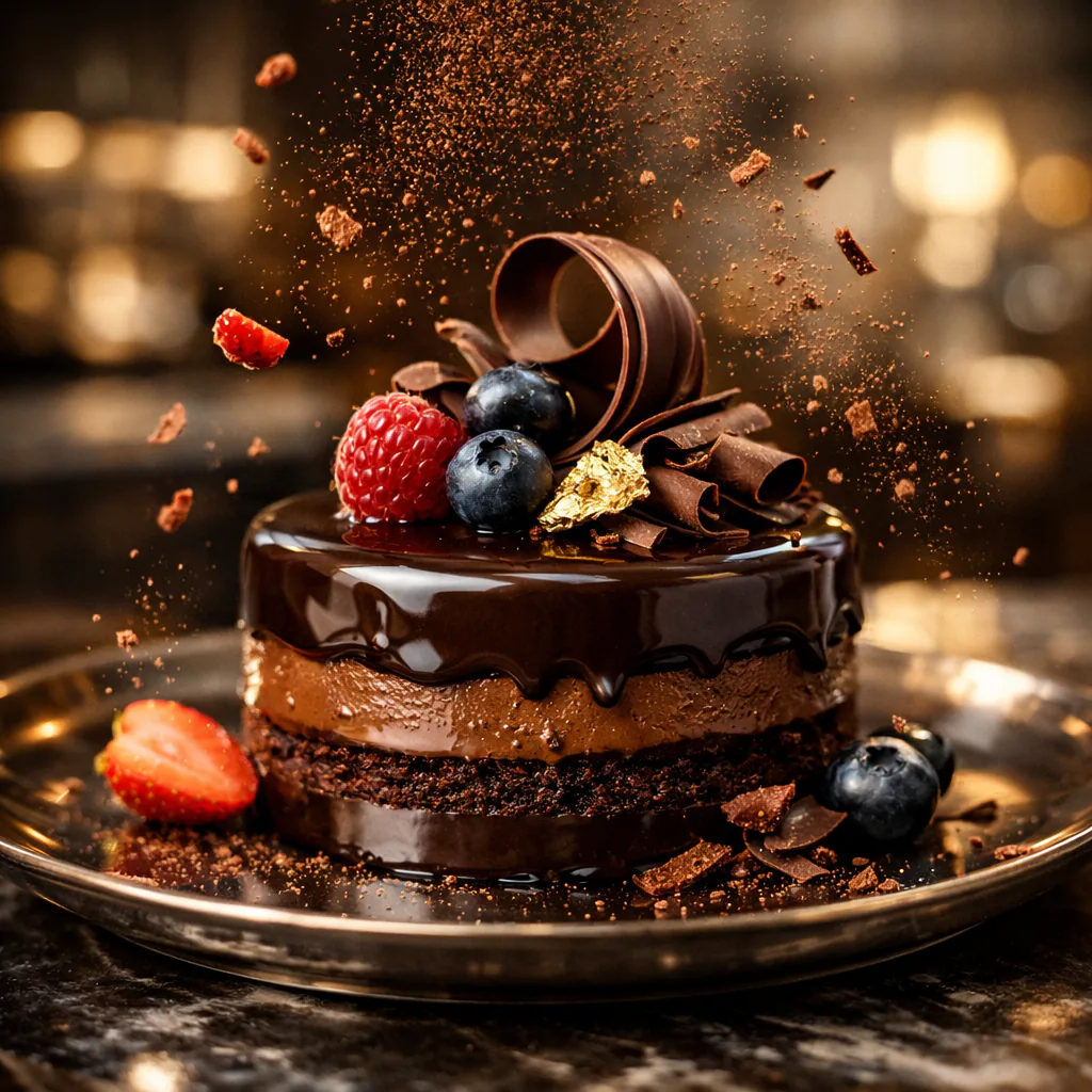 Ultra-realistic commercial photography of a gourmet chocolate dessert with glossy ganache, berries, chocolate curls, and cinematic lighting on a reflective marble surface.
