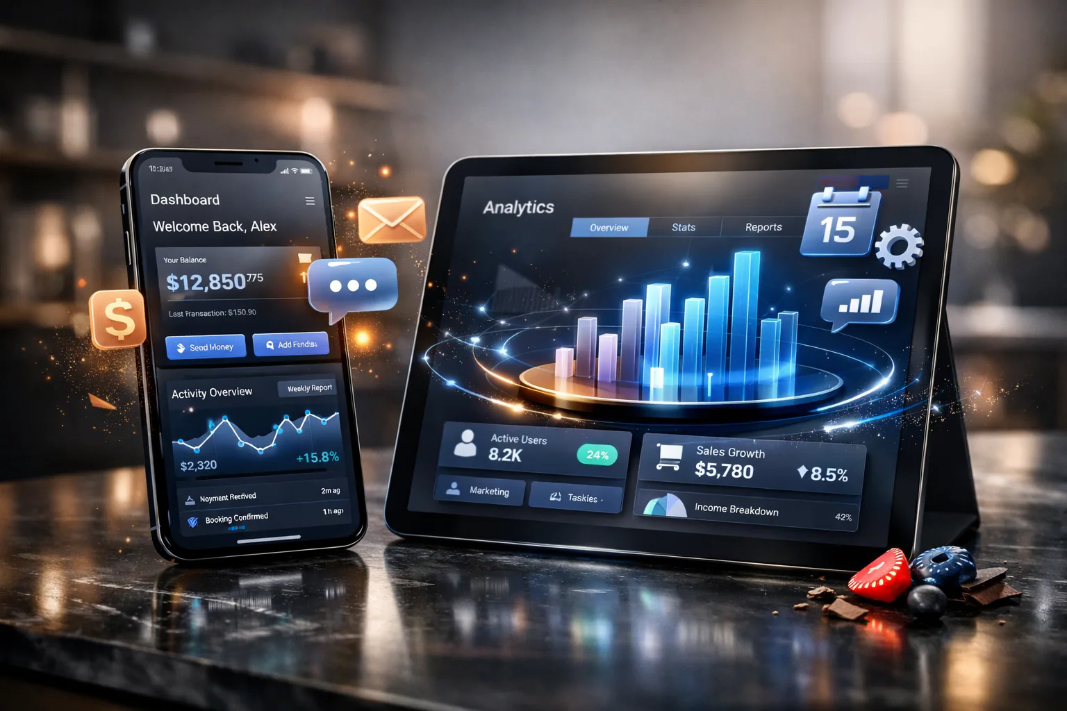 Ultra-realistic commercial mockup of a mobile app interface displayed on a smartphone and tablet with cinematic lighting, floating UI elements, and a blurred modern workspace background.