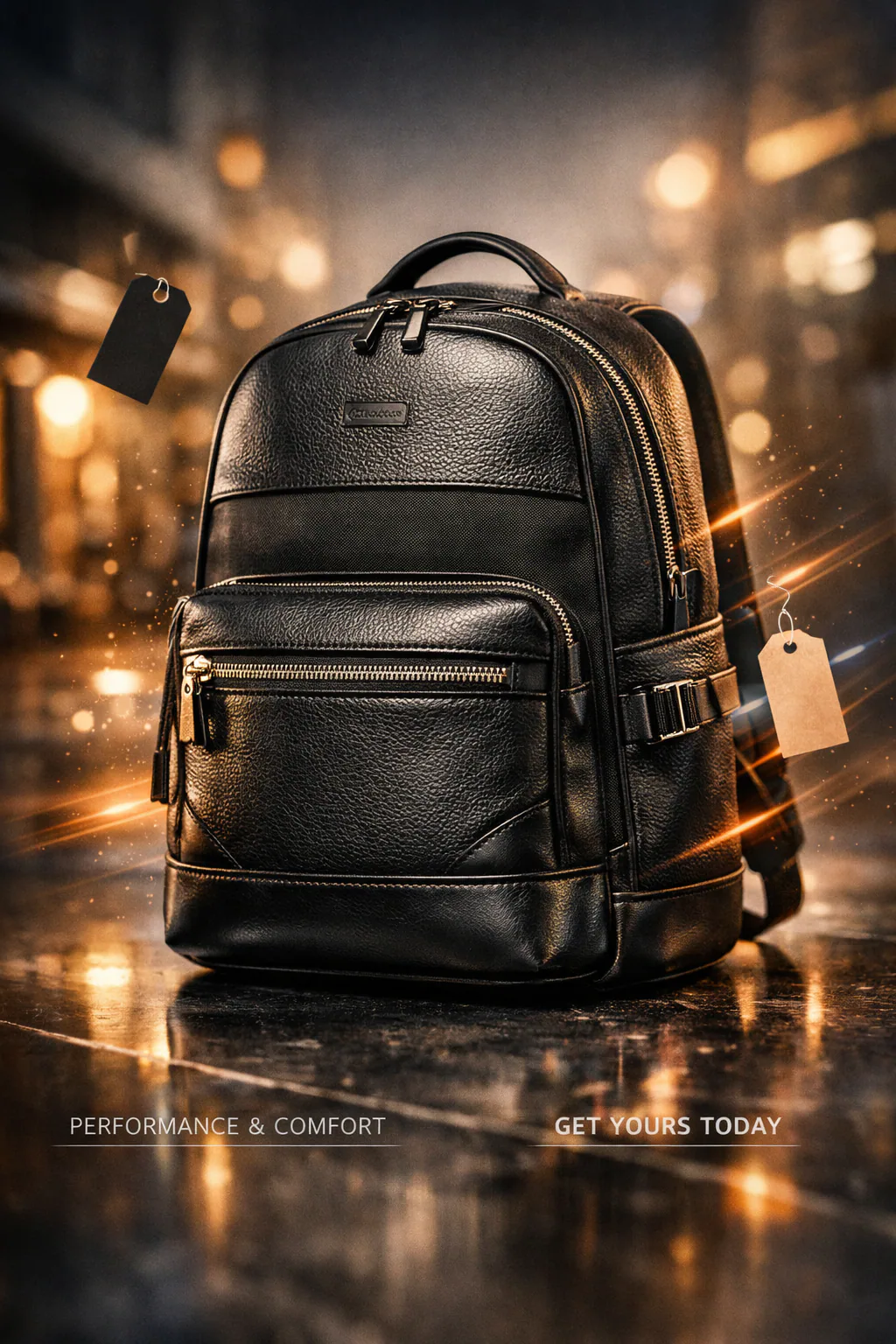 Ultra-realistic commercial photography of a premium designer backpack with leather textures, metallic zippers, and cinematic lighting on a reflective modern surface.