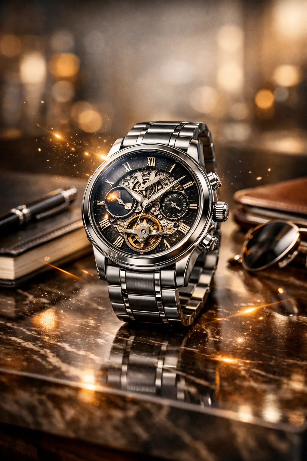 Ultra-realistic commercial photography of a luxury wristwatch on a reflective marble surface with lifestyle props, cinematic lighting, and blurred modern office background.
