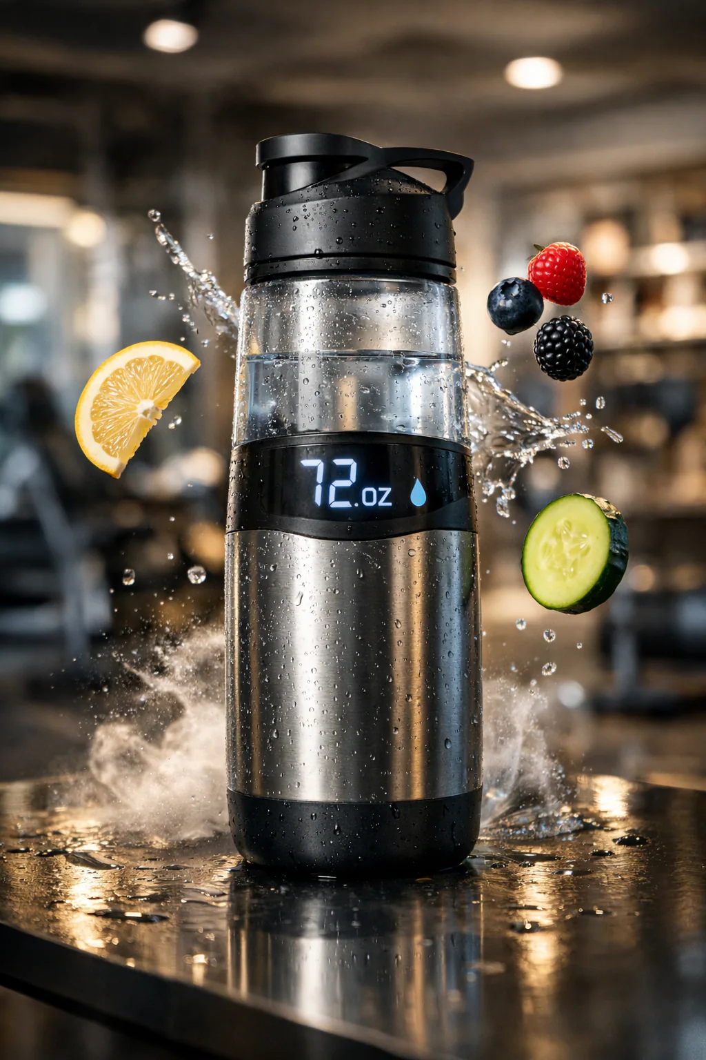 Ultra-realistic commercial photography of a smart water bottle with digital display, floating fruit slices, water splashes, and cinematic lighting on a reflective surface.
