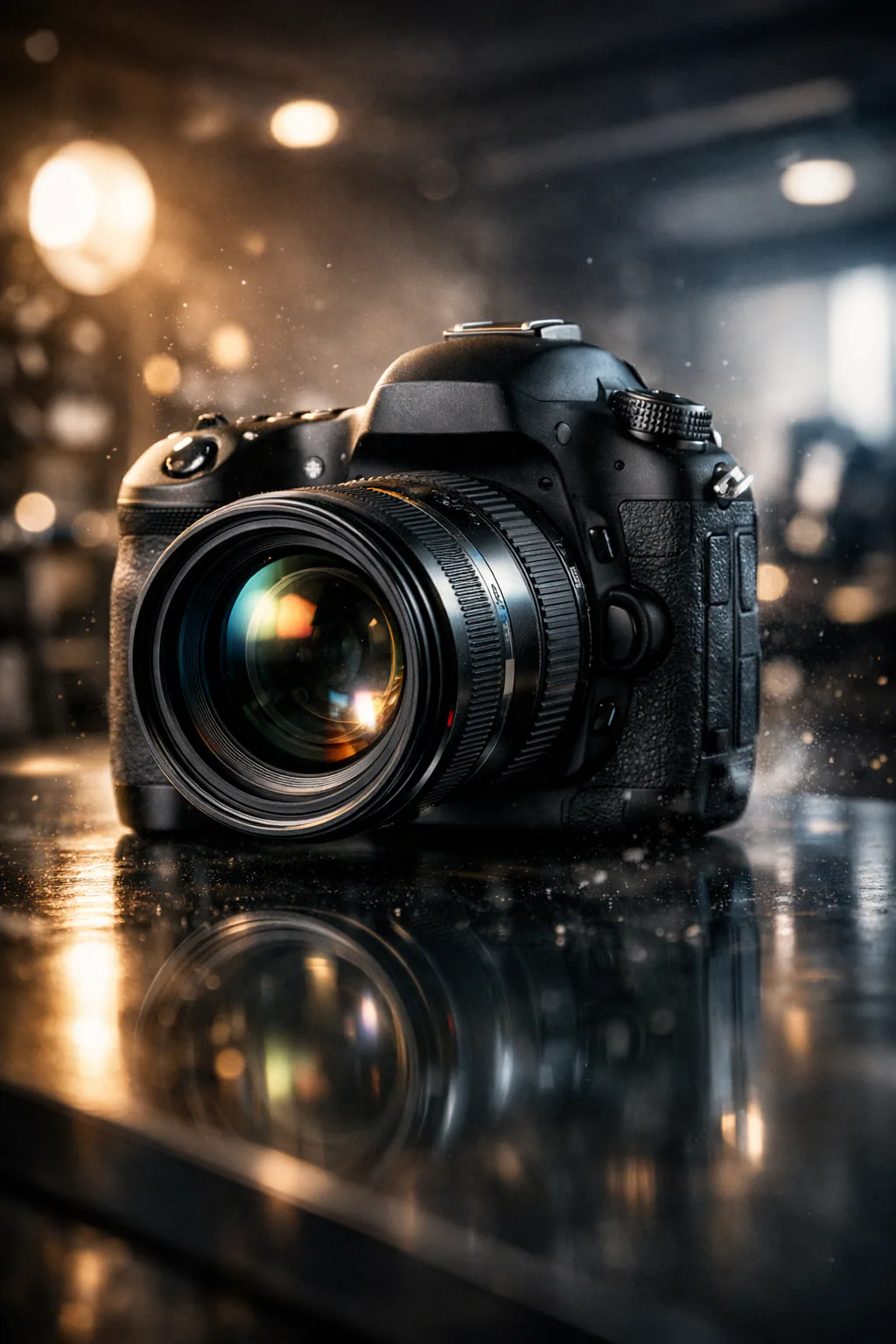 Ultra-realistic commercial photography of a DSLR camera with metallic and glass lens details on a reflective studio surface with cinematic lighting and floating light particles.
