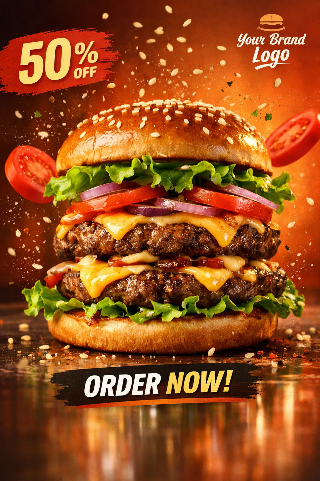 Ultra-realistic social media advertising poster of a gourmet double cheeseburger with floating ingredients, cinematic lighting, and vibrant gradient background for promotional marketing.