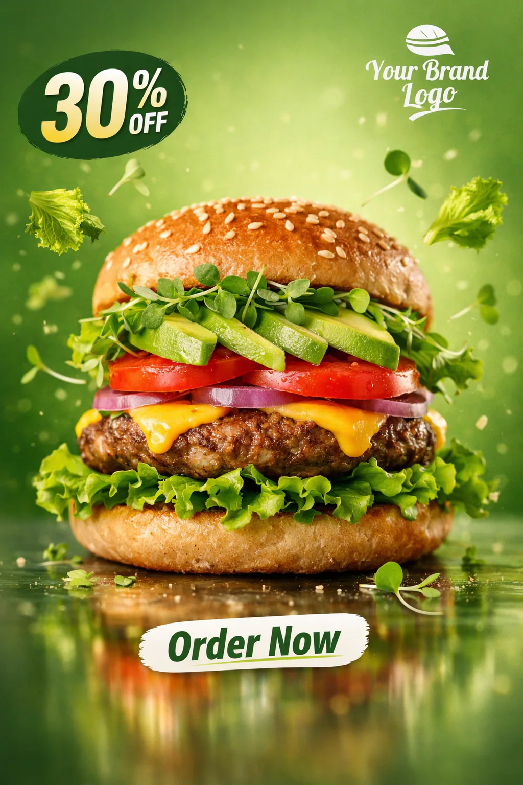 Hyper-realistic social media poster of a healthy burger with avocado, lettuce, tomato, and cheese, featuring floating greens, green gradient background, and promotional text overlays.