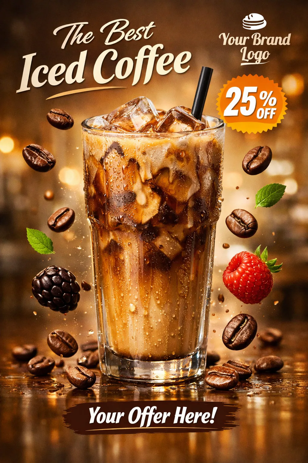 Hyper-realistic social media poster of a tall glass of iced coffee with ice cubes, condensation, floating coffee beans, and warm cinematic lighting on a reflective surface.