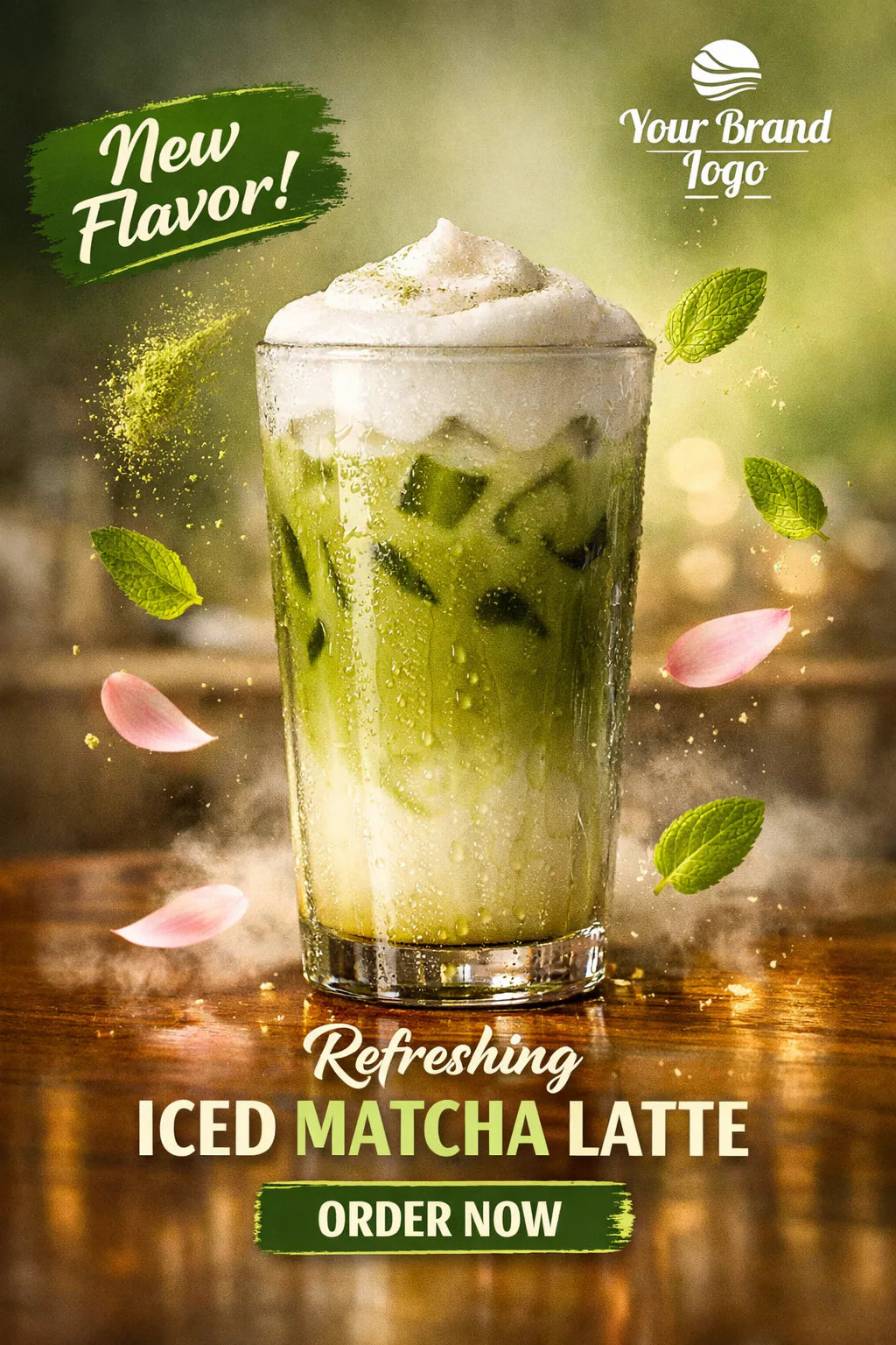 Ultra-realistic social media poster of an iced matcha latte with whipped foam, floating matcha powder, mint leaves, and soft green cinematic background lighting.