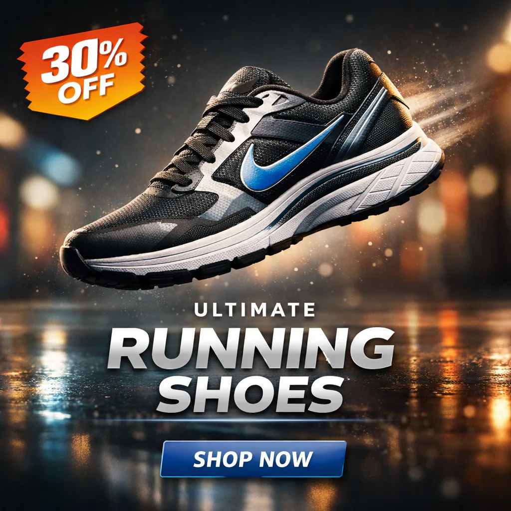 Hyper-realistic social media poster of a running sneaker mid-air with motion blur, floating dust particles, cinematic lighting, and reflective studio floor.