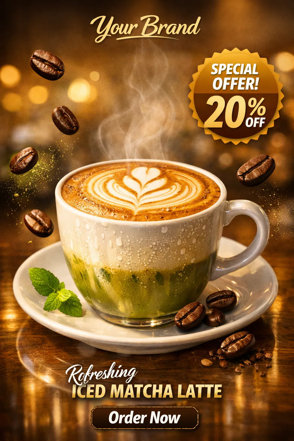 Ultra-realistic social media poster of a cappuccino with latte art, floating coffee beans, steam, and warm cinematic lighting on a reflective surface.