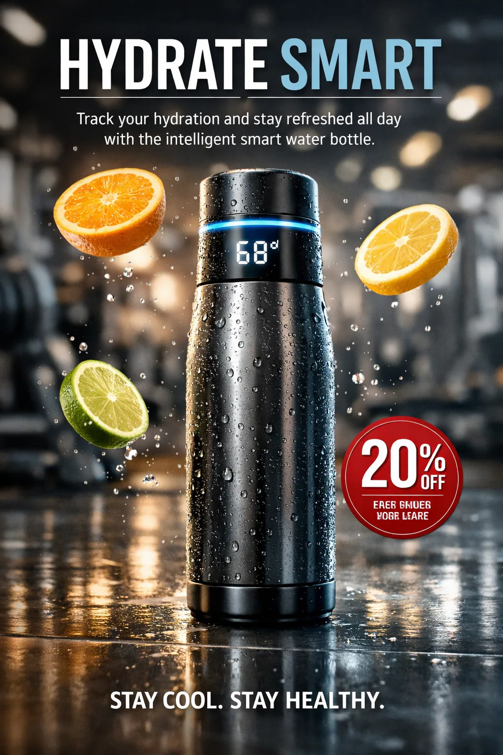 Hyper-realistic fitness social media poster of a smart water bottle on a reflective gym floor with floating citrus slices, condensation, cinematic lighting, and bold typography layout.