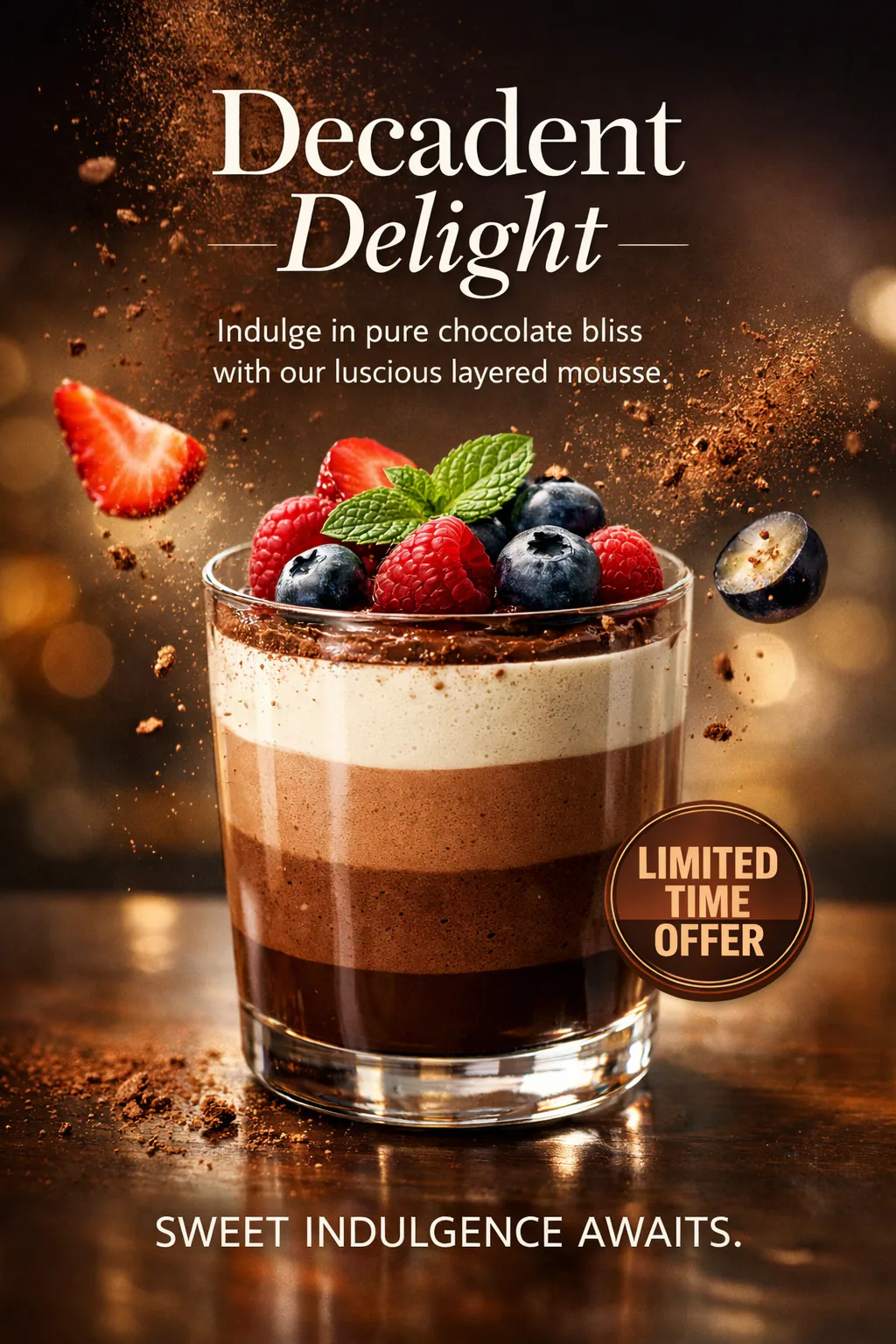 Ultra-realistic social media poster of layered chocolate mousse in a glass with berries, mint, floating cocoa powder, cinematic lighting, and elegant typography layout.