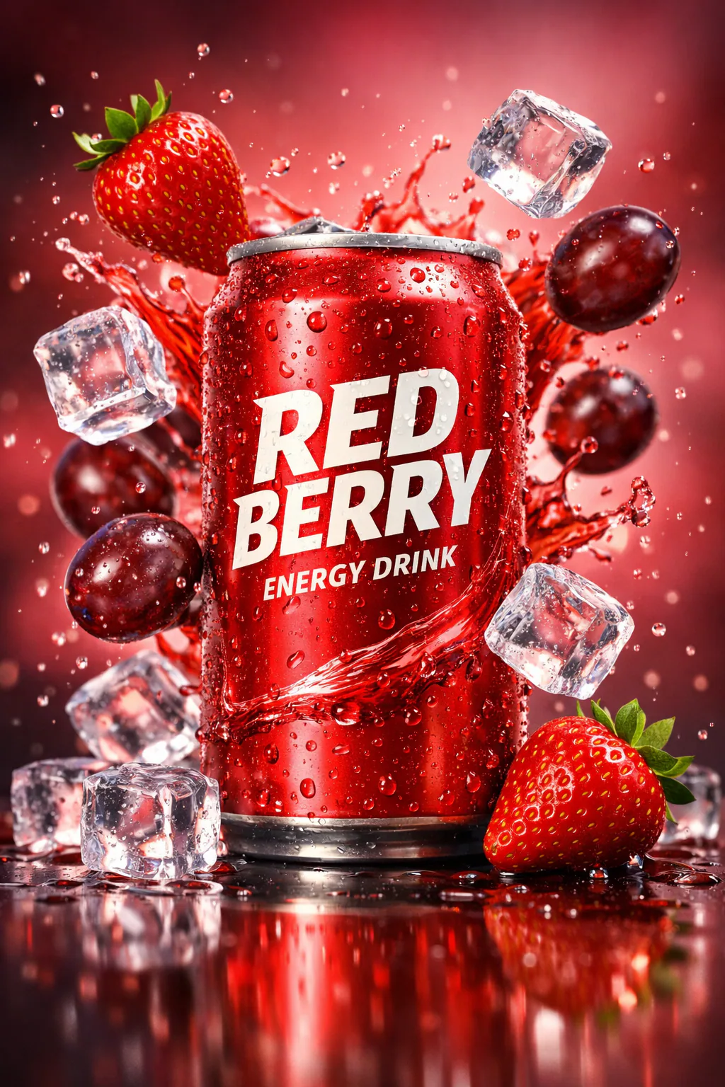 Ultra-realistic 3D render of a red berry energy drink can with floating strawberries, grapes, ice cubes, and cinematic lighting on a reflective surface.