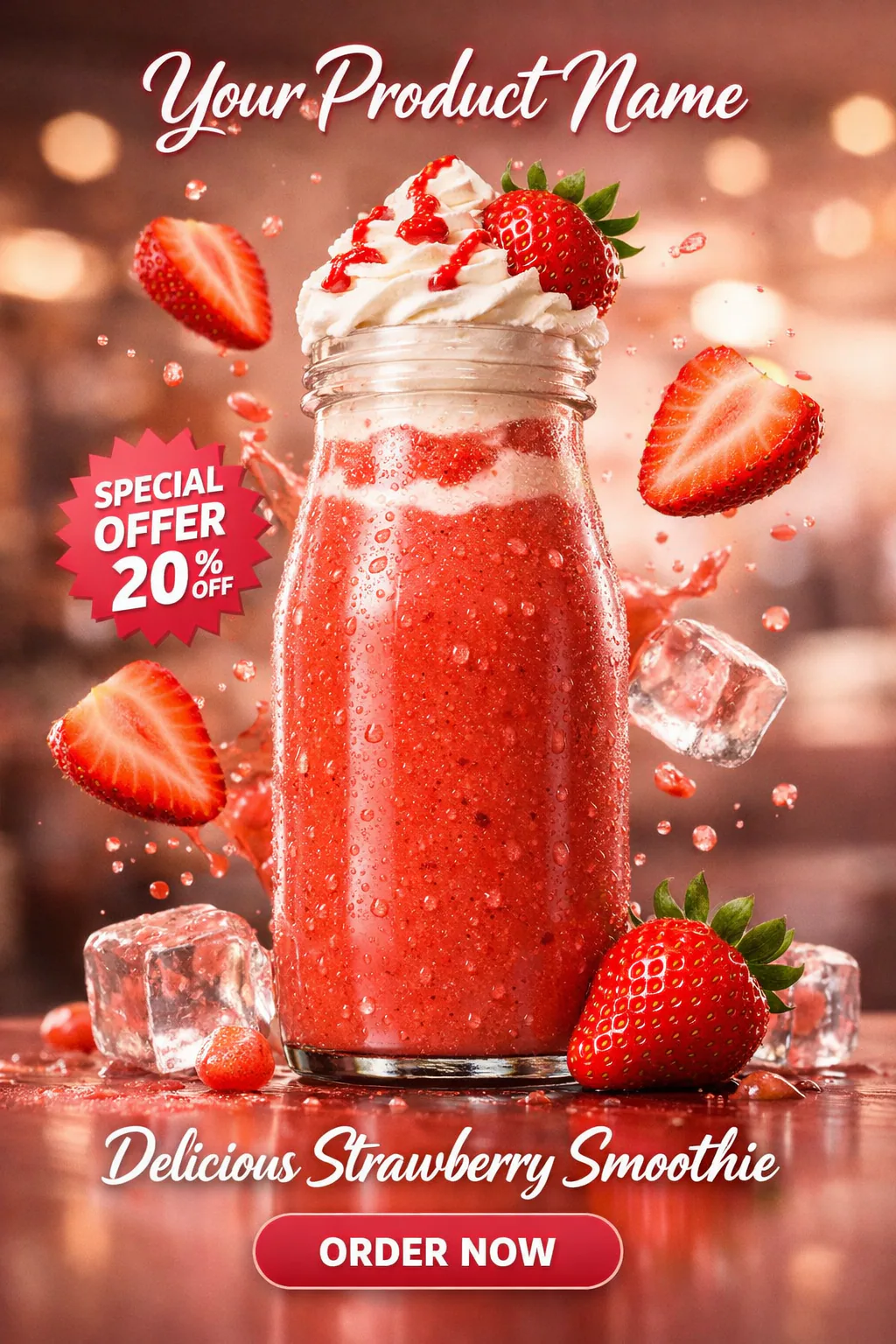 Hyper-realistic 3D render of a glass bottle strawberry smoothie with whipped cream, floating strawberry slices, droplets, and cinematic lighting on a reflective surface.