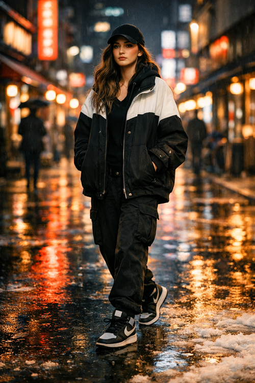 Stylish young woman walking through a neon-lit city street at night wearing an oversized streetwear jacket and sneakers with wet reflective ground and cinematic lighting