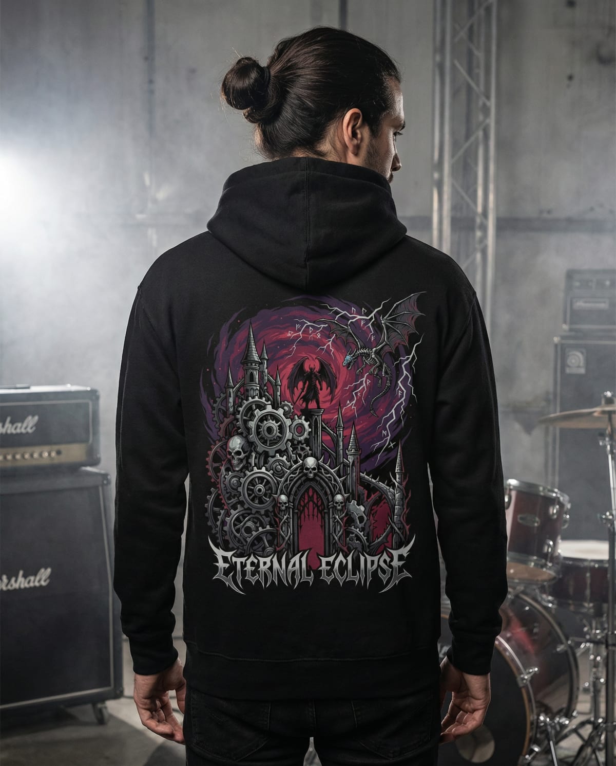 Eternal Eclipse Gothic Hoodie – Dark Fantasy Dragon & Gears Pullover