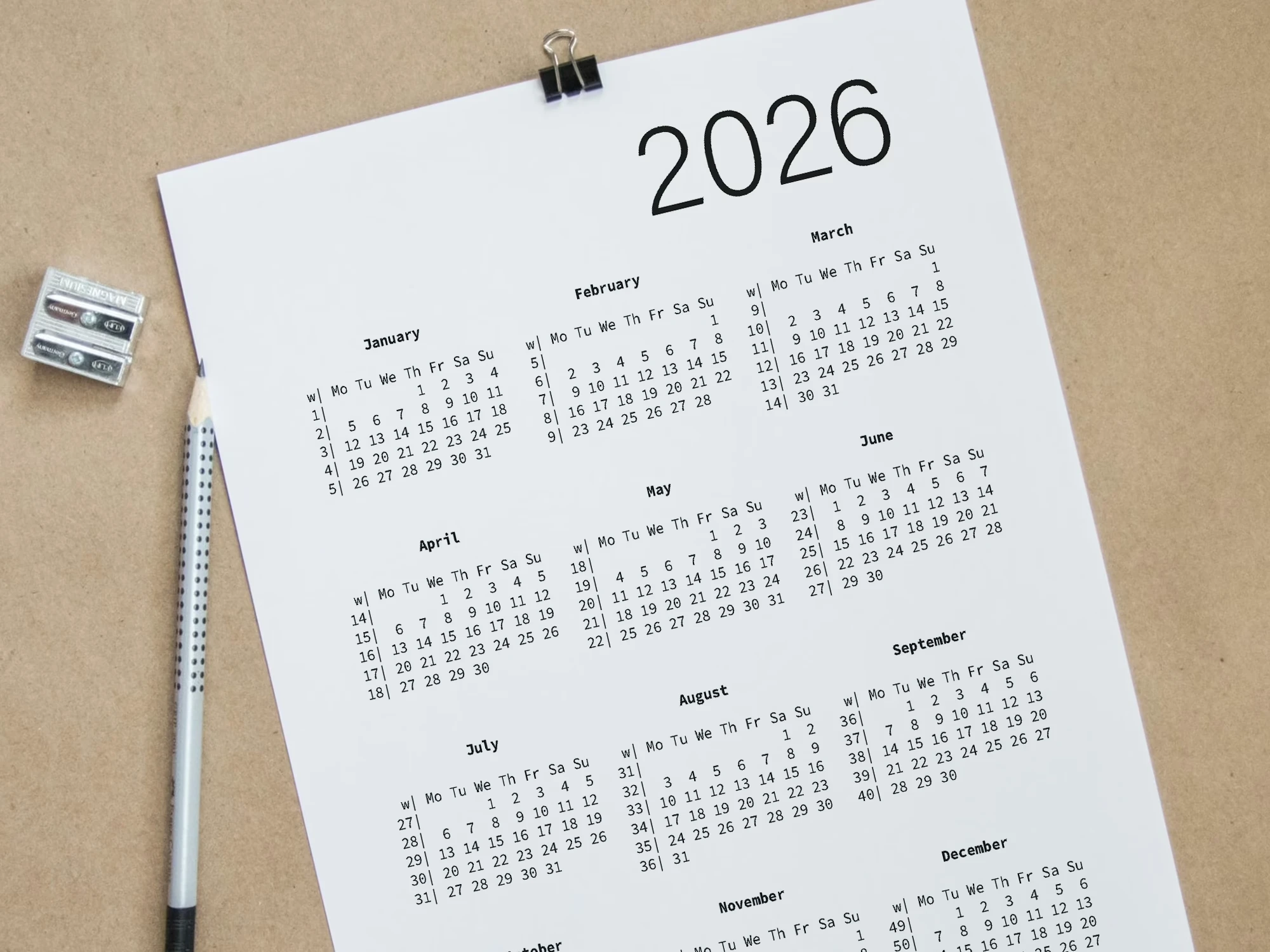 2026 Calendar with Week Numbers - Monday Start Weekly Calendar