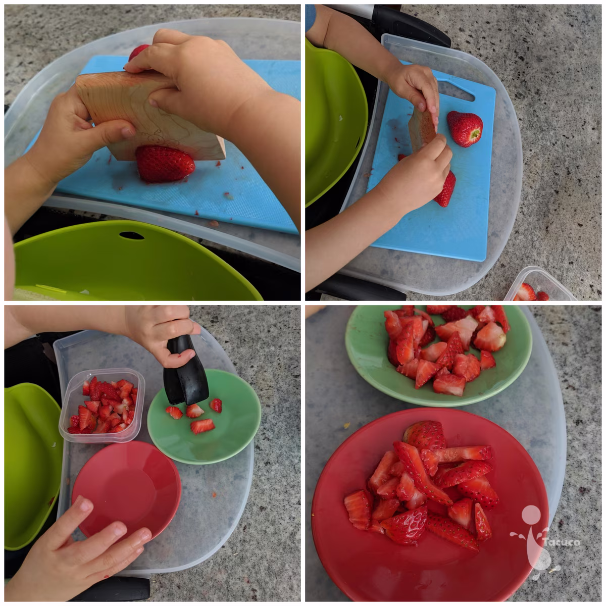 Toddler using a wooden knife to chop strawberries