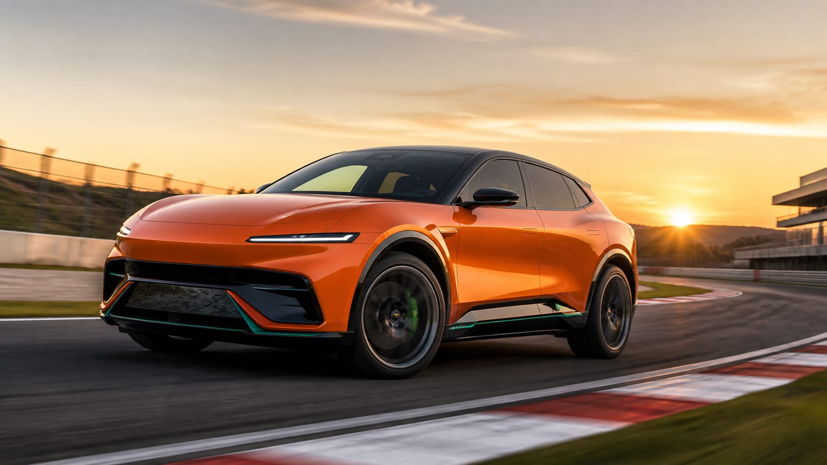 Concept illustration of an orange electric performance SUV on a racetrack