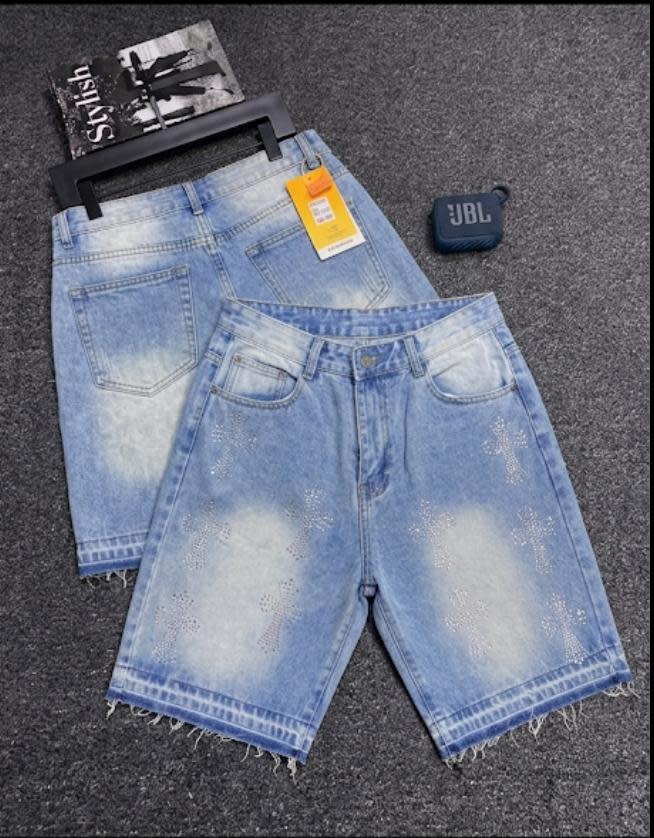 Light Wash Rhinestone Cross Denim Shorts — Raw Hem