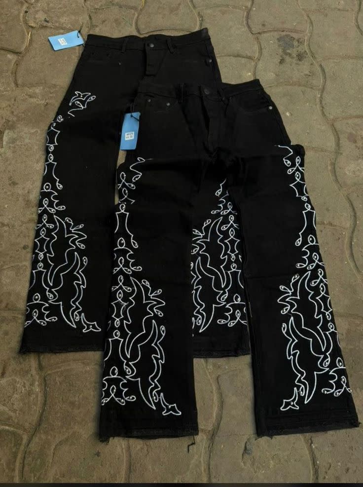 Black Tribal Flame Embroidered Straight-Leg Denim Jeans