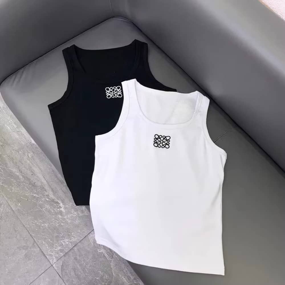 Loewe Anagram Embroidered Ribbed Crop Tank Top — Black & White