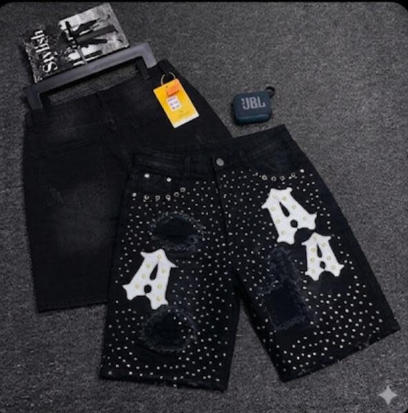 Light Wash Rhinestone Cross Denim Shorts — Raw Hem