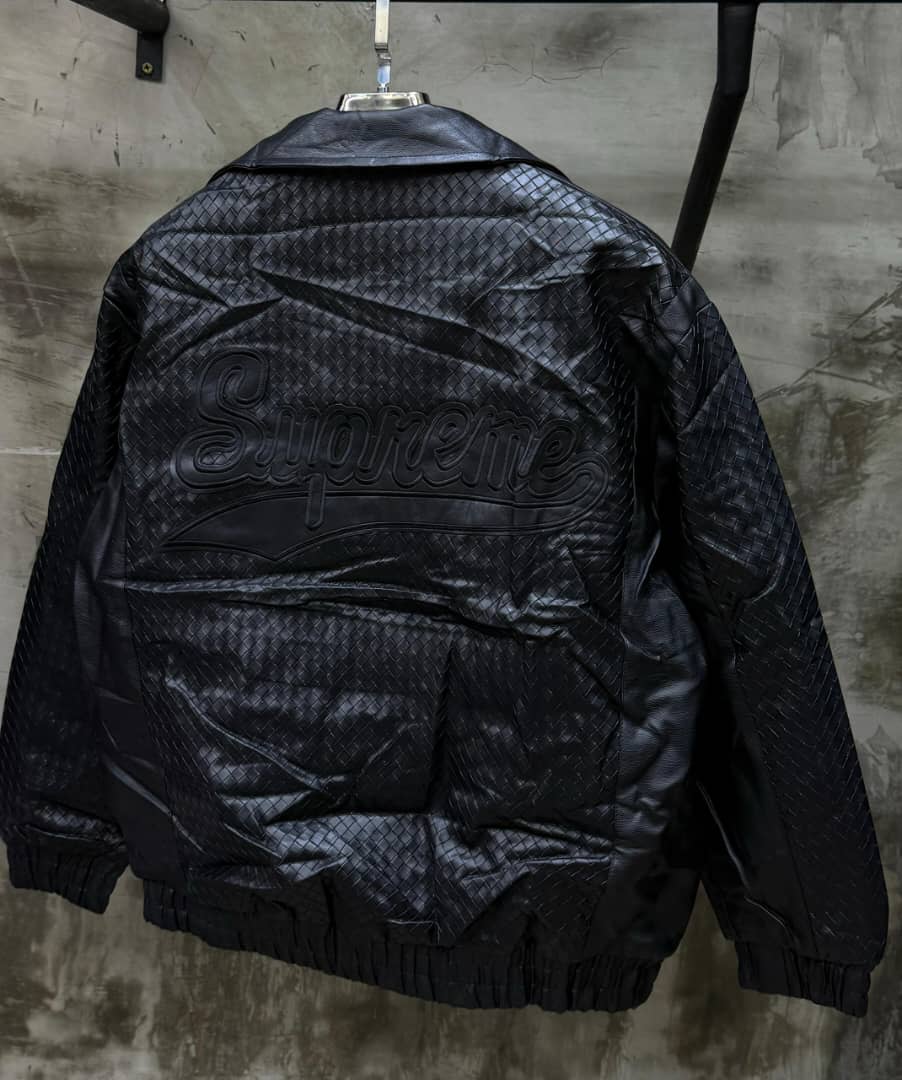 Supreme Woven Leather Script Logo Bomber Jacket — Dark Brown