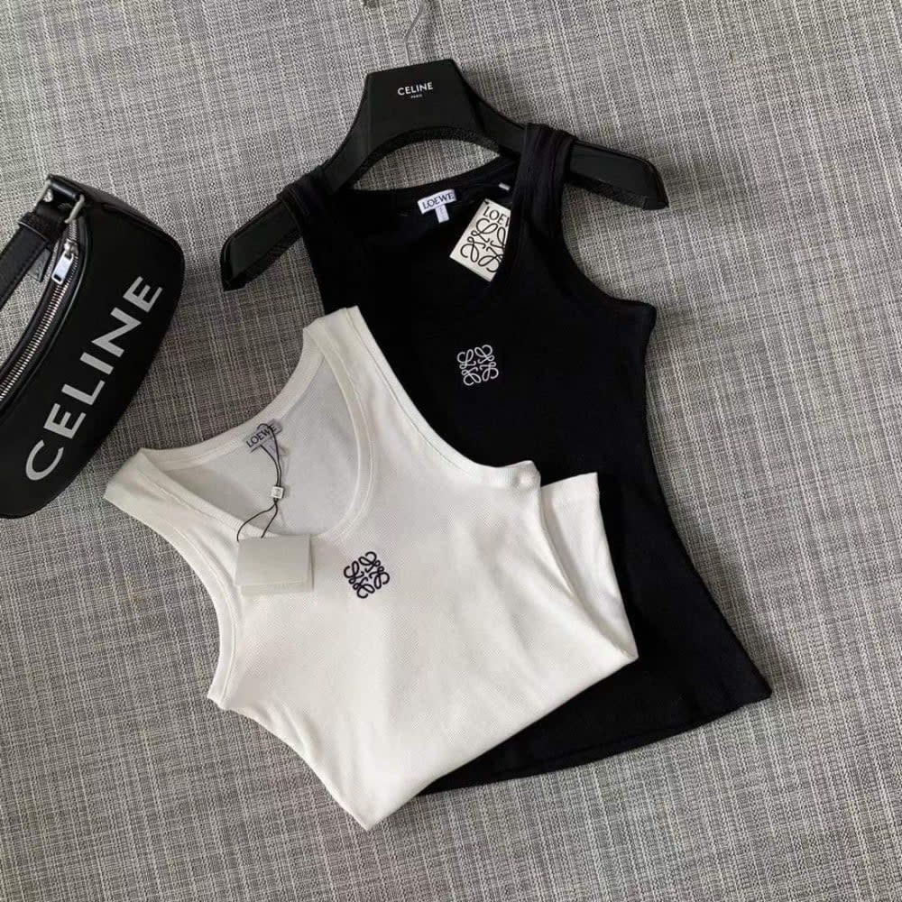 Loewe Anagram Embroidered Ribbed Crop Tank Top — Black & White