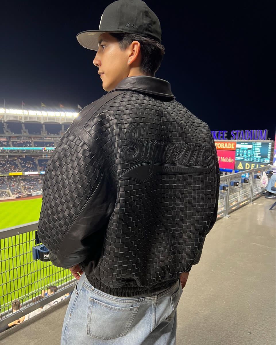 Supreme Woven Leather Script Logo Bomber Jacket — Dark Brown