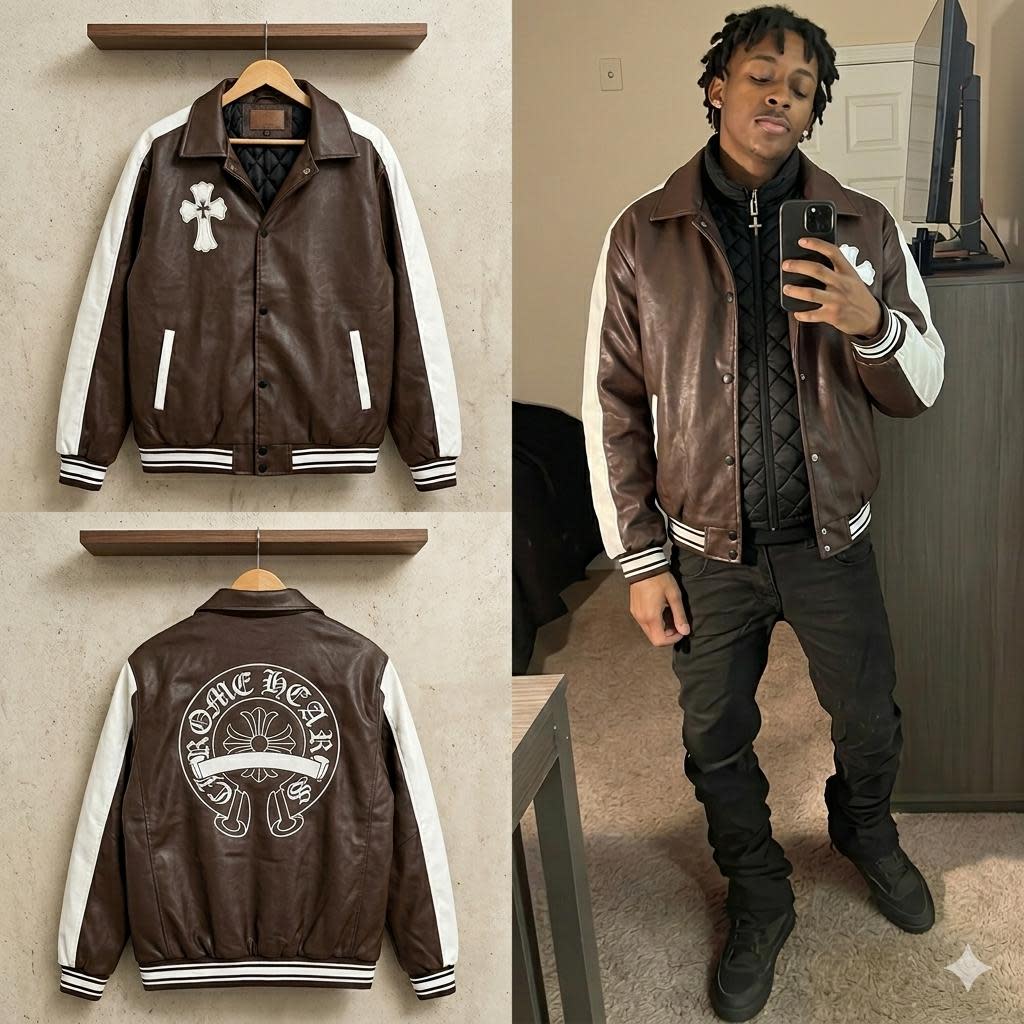 Chrome Hearts Cross & Horseshoe Logo Leather Varsity Jacket — Brown & White