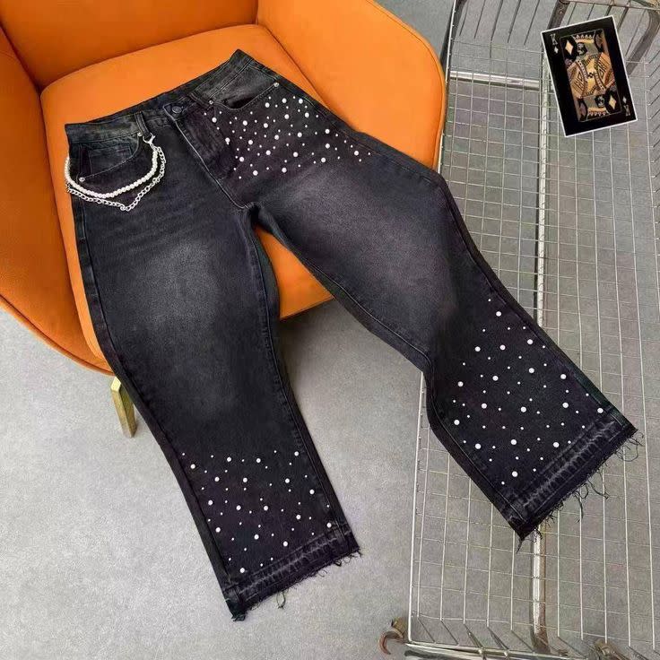 Black Washed Pearl-Studded Straight-Leg Denim Jeans with Chain Detail