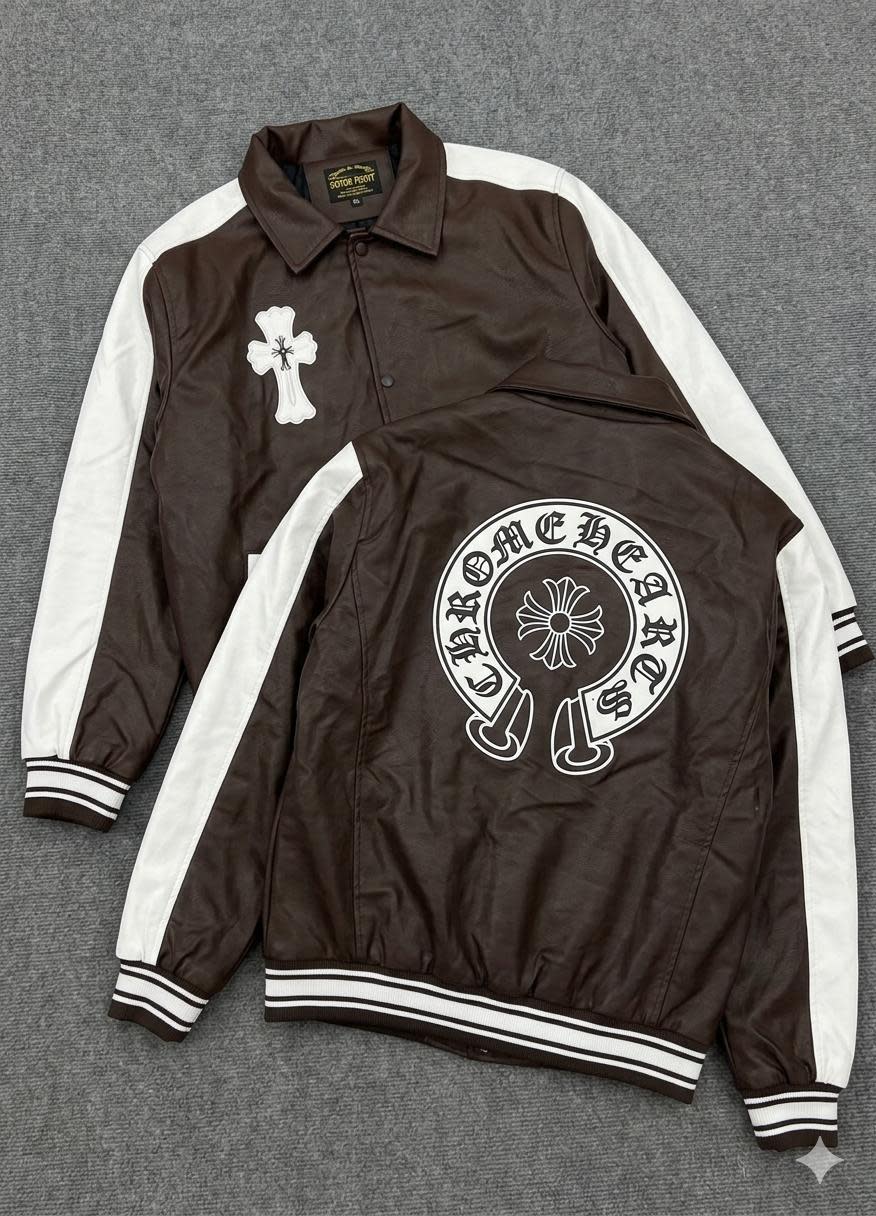 Chrome Hearts Cross & Horseshoe Logo Leather Varsity Jacket — Brown & White