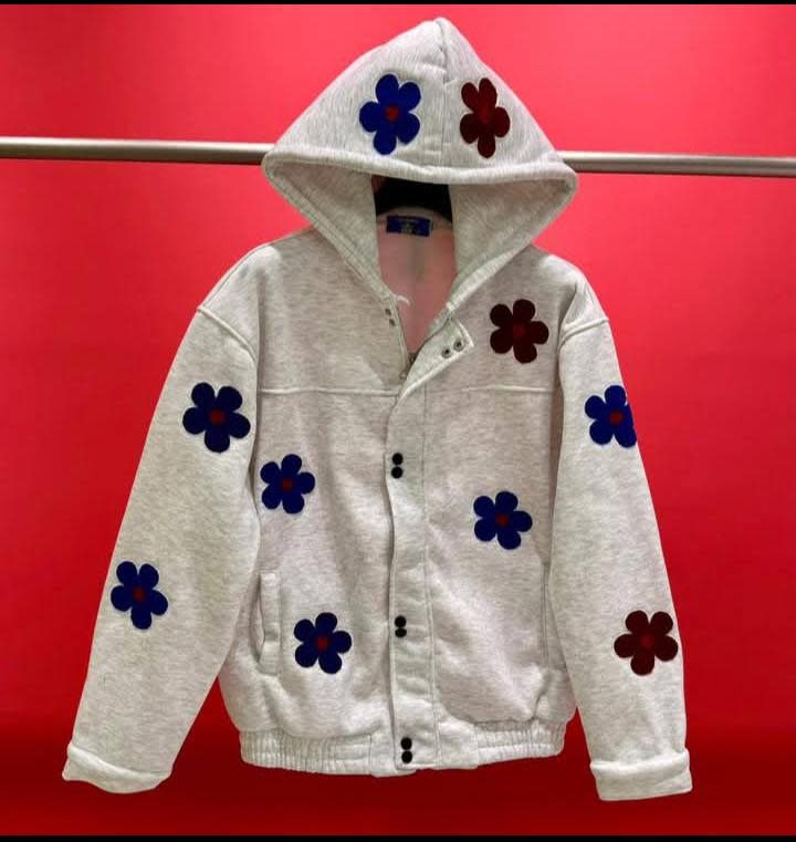Daisy Floral Patch Hooded Zip Bomber Jacket — 3 Colorways (Grey, Caramel & Black)