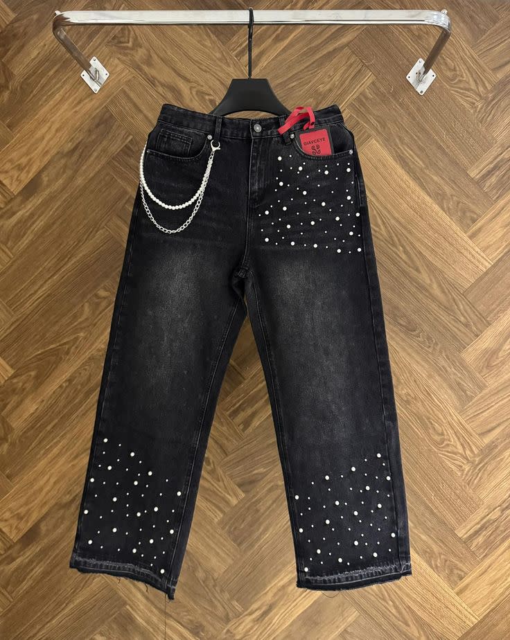 Black Washed Pearl-Studded Straight-Leg Denim Jeans with Chain Detail