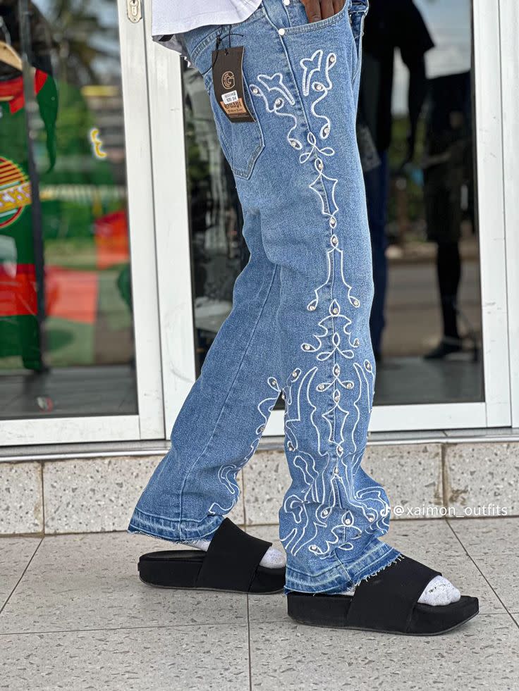 Black Tribal Flame Embroidered Straight-Leg Denim Jeans