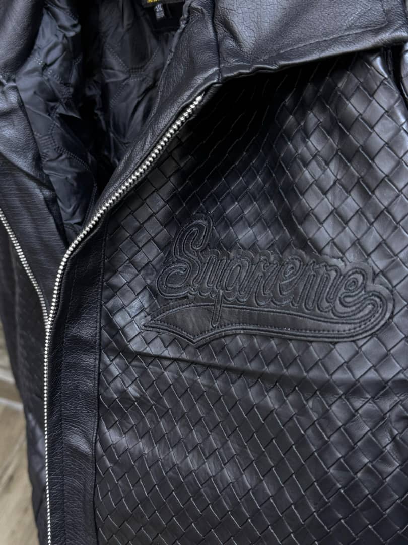 Supreme Woven Leather Script Logo Bomber Jacket — Dark Brown