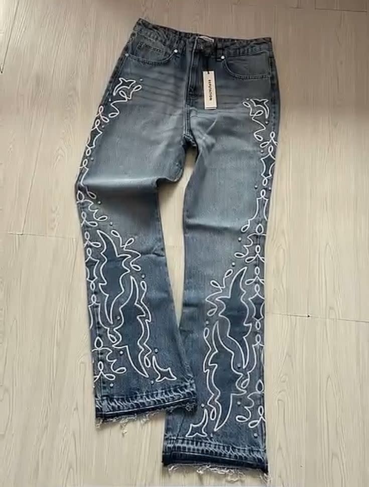 Black Tribal Flame Embroidered Straight-Leg Denim Jeans