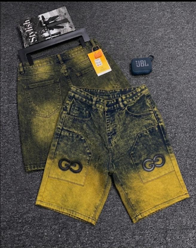 Light Wash Rhinestone Cross Denim Shorts — Raw Hem