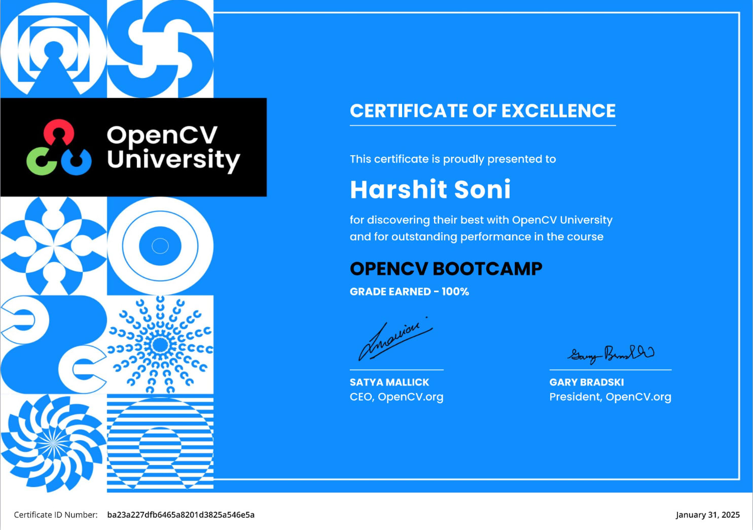 FREE OpenCV Bootcamp certificate