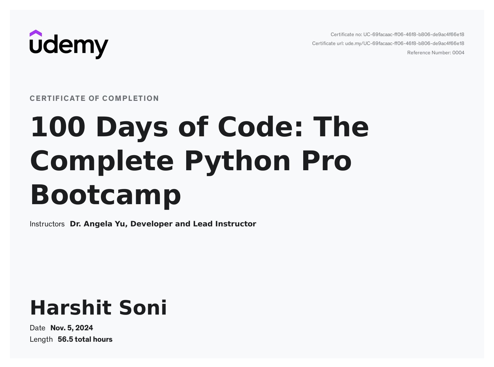 100 Days of Code: The Complete Python Pro Bootcamp certificate