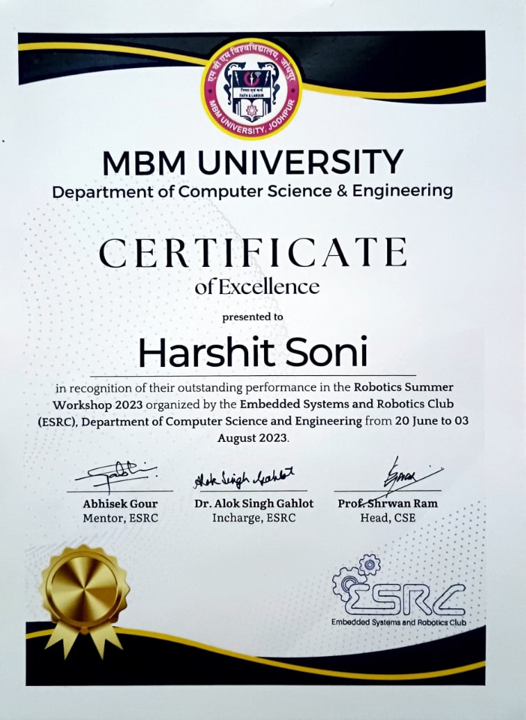 Certificate of Excellence - Embedded Systems & Robotics Club certificate