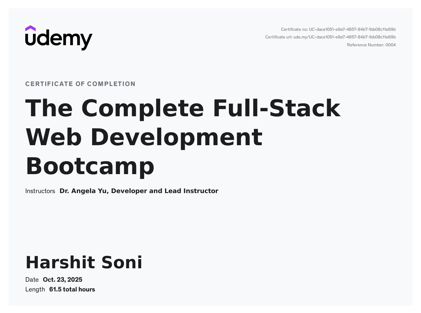 The Complete Full-Stack Web Development Bootcamp certificate