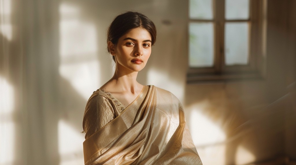 Editorial couture model in golden saree