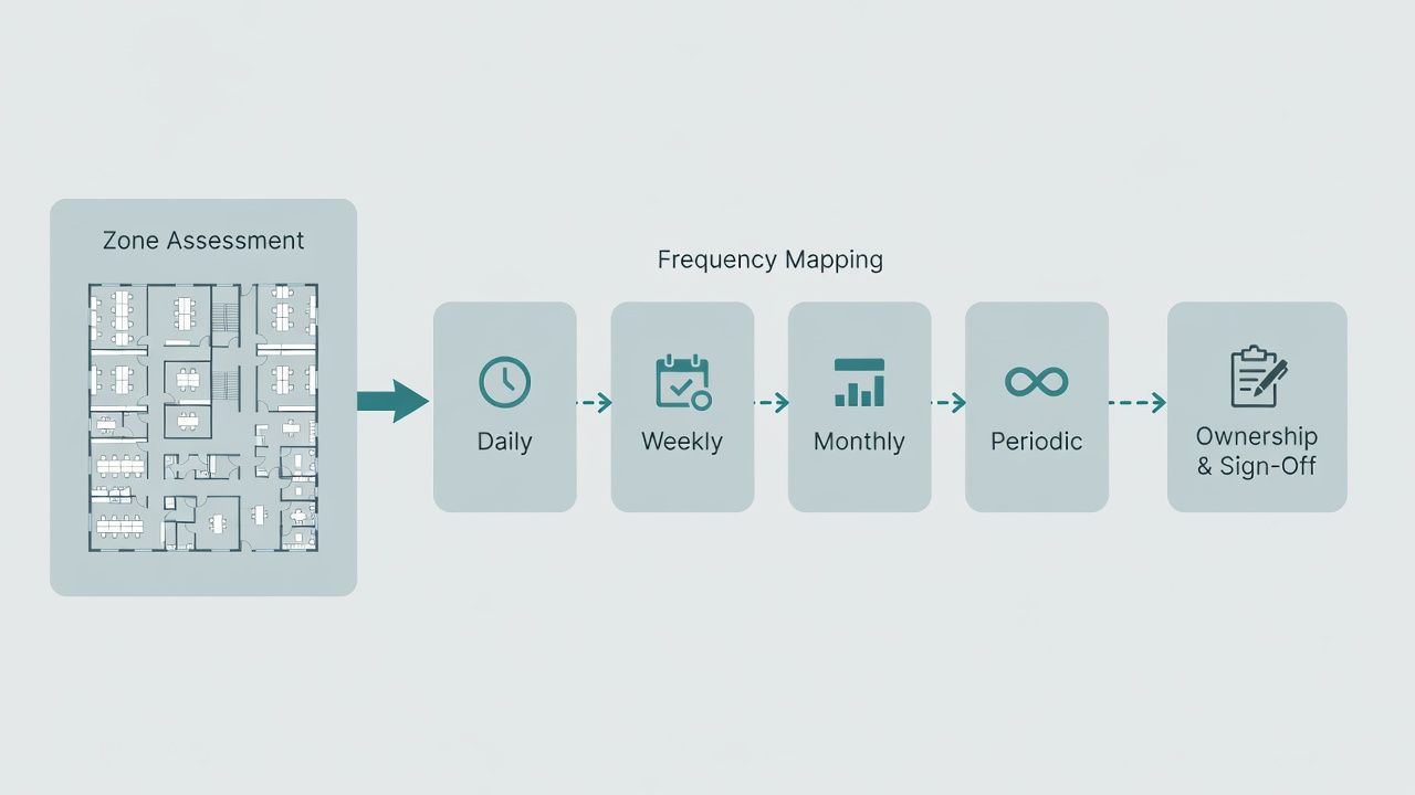 Diagram showing office zones mapped to daily, weekly, monthly and periodic cleaning tasks.